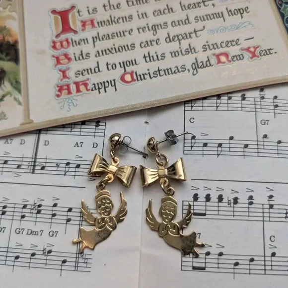 Gold Angel Bow Earrings - Picture 5 of 7